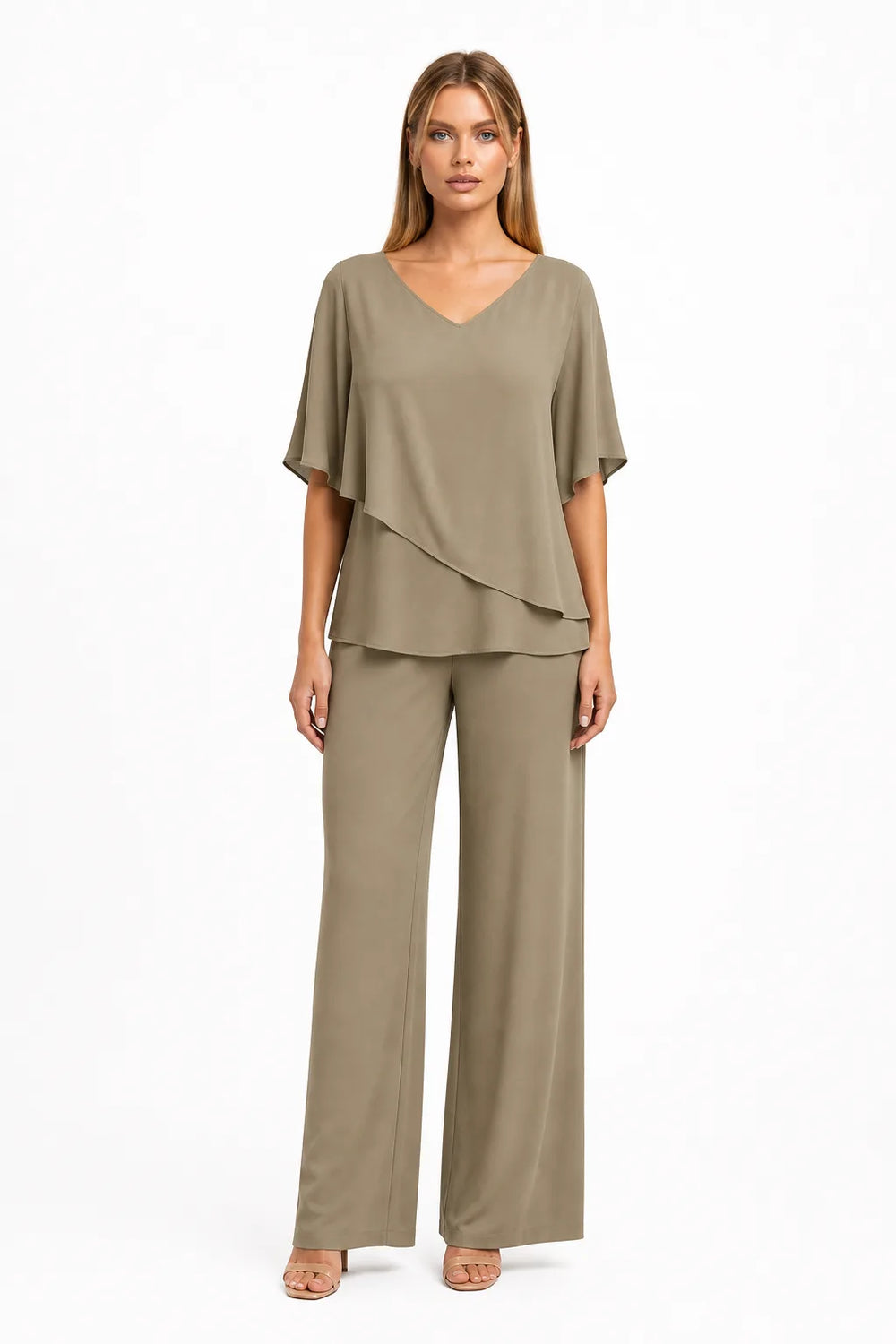 Khaki flutter sleeve matching trouser set on model in contrapposto stance