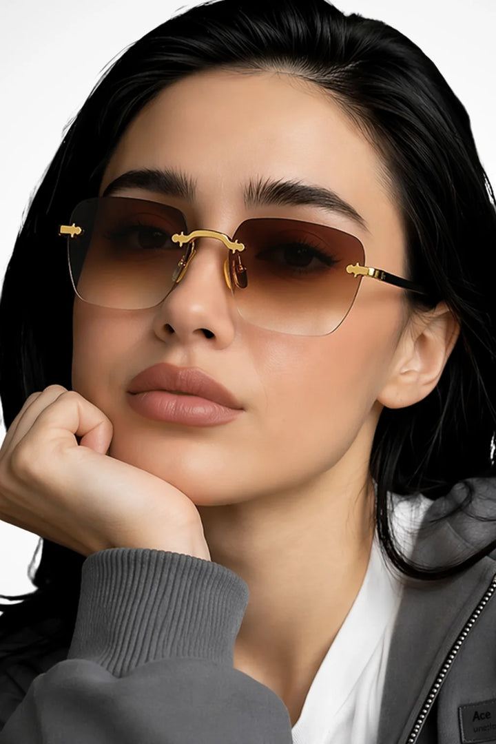 Square rimless sunglasses with brown gradient lenses, front view