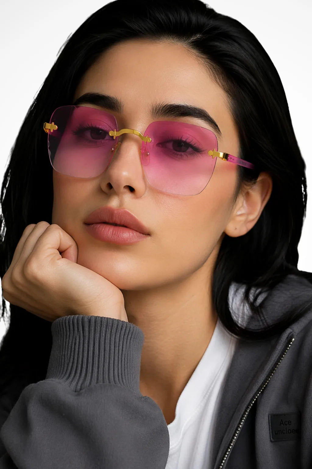 Square rimless sunglasses with dusty rose gradient lenses, front view