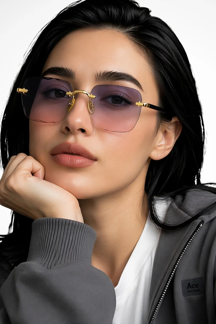 Square rimless sunglasses with grey rose gradient lenses, front view