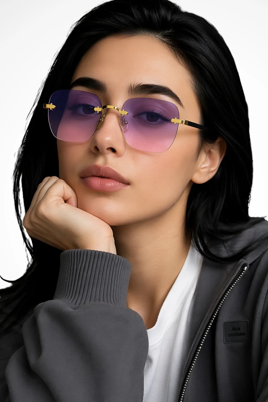 Square rimless sunglasses with lavender pink gradient lenses, front view