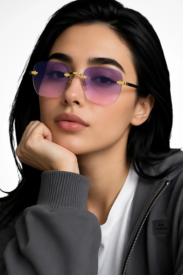 Square rimless sunglasses with lavender pink gradient lenses, front view