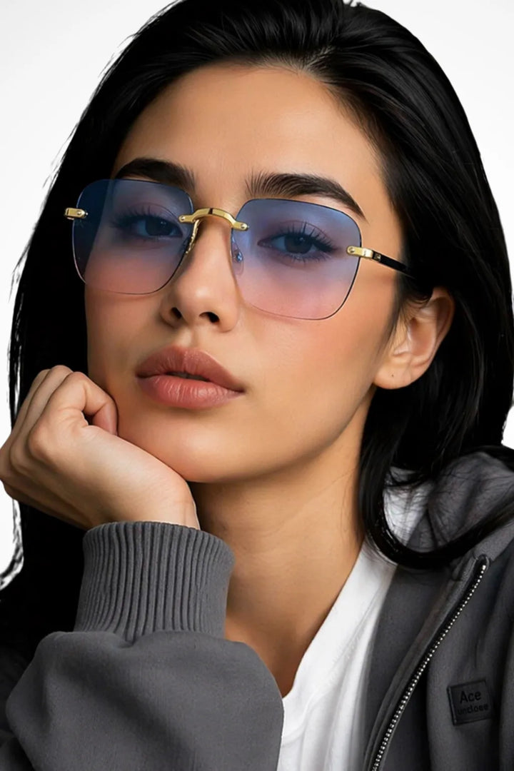 Square rimless sunglasses with sky blue gradient lenses, front view