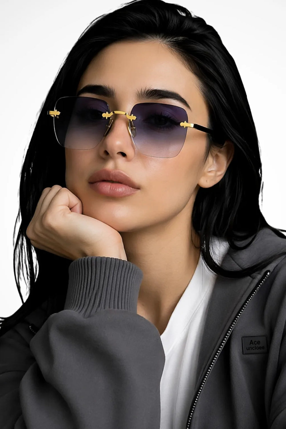 Square rimless sunglasses with smoke grey gradient lenses, front view