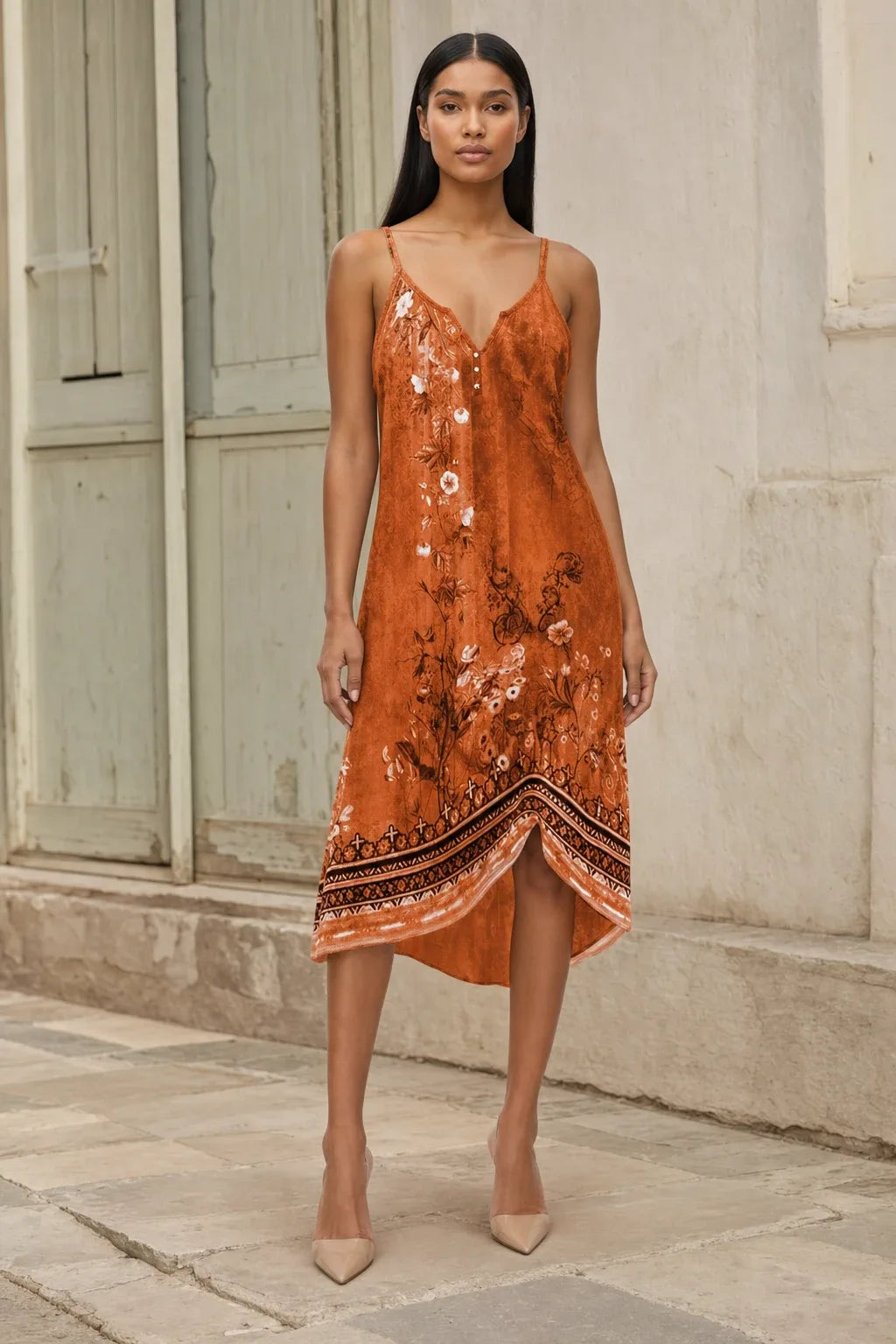 Orange floral boho shift dress on model in contrapposto stance