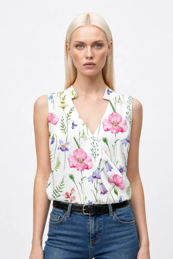 Blue floral collared wrap blouse on model in contrapposto stance
