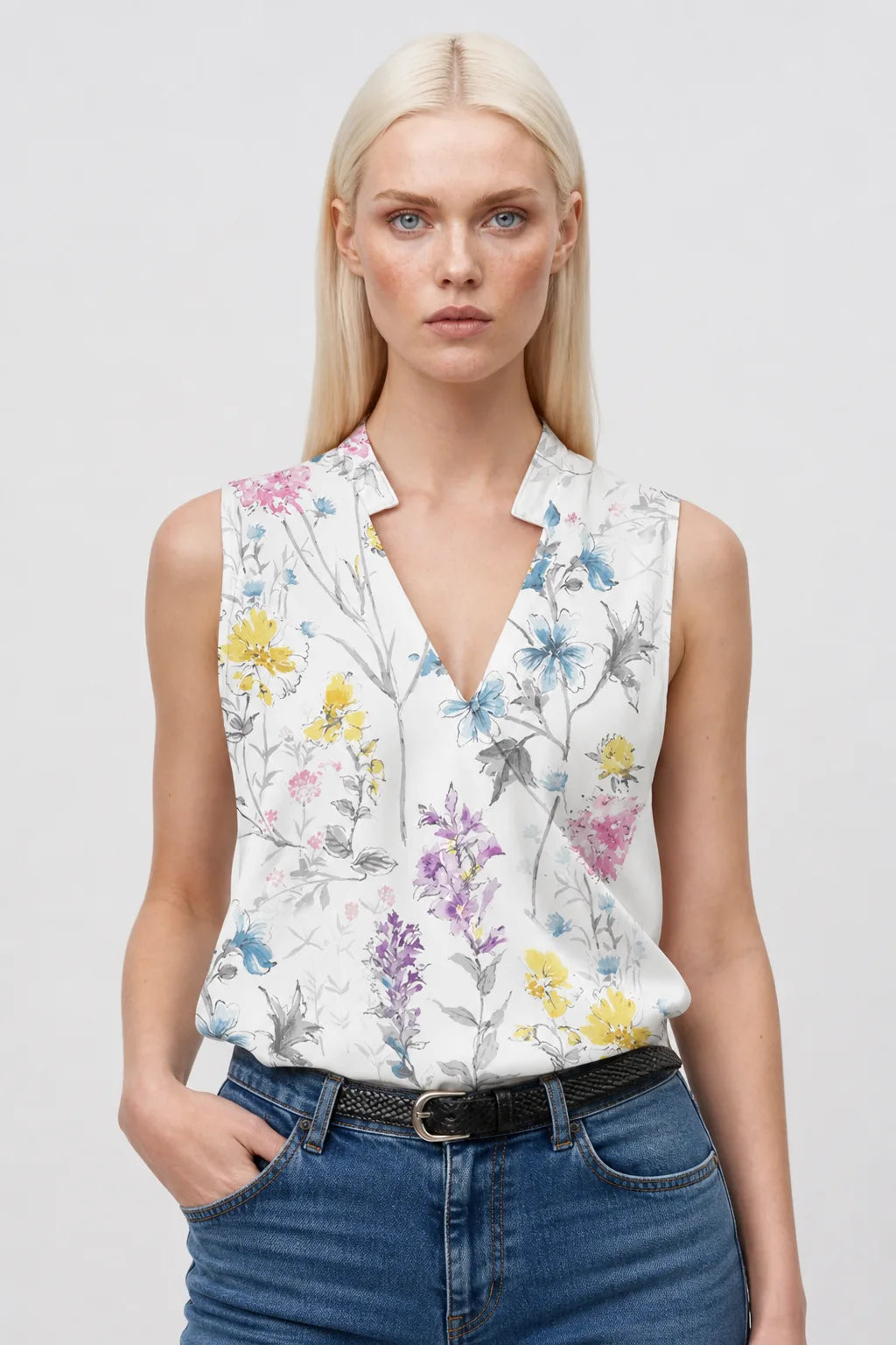 Pink floral collared wrap blouse on model in contrapposto stance