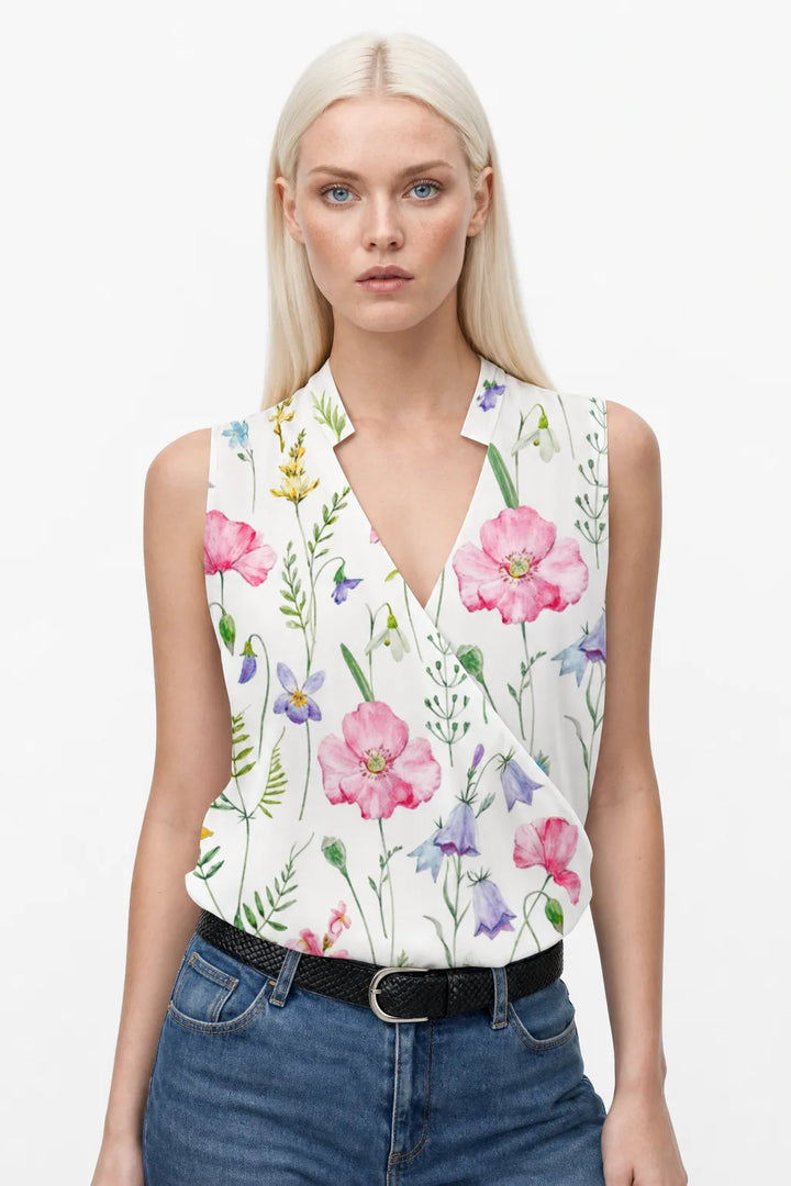 White collared wrap blouse on model in contrapposto stance
