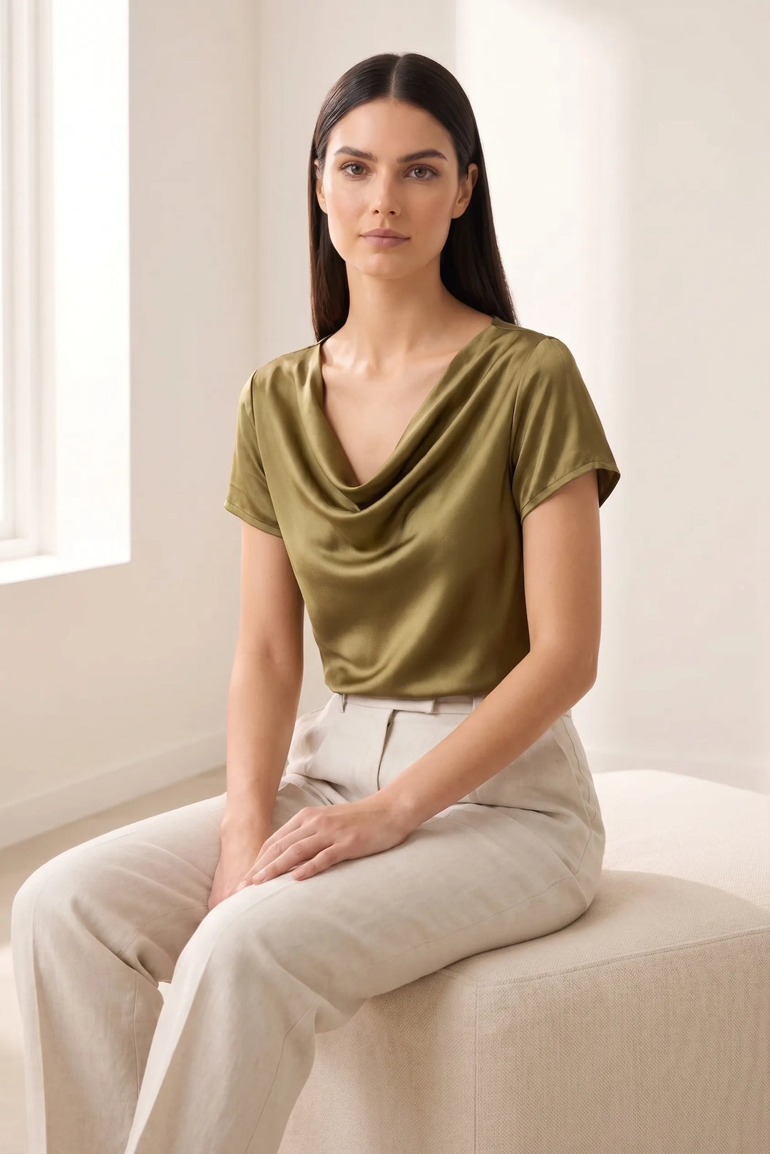 Model wearing gold satin cowl neck top in casual lifestyle scene