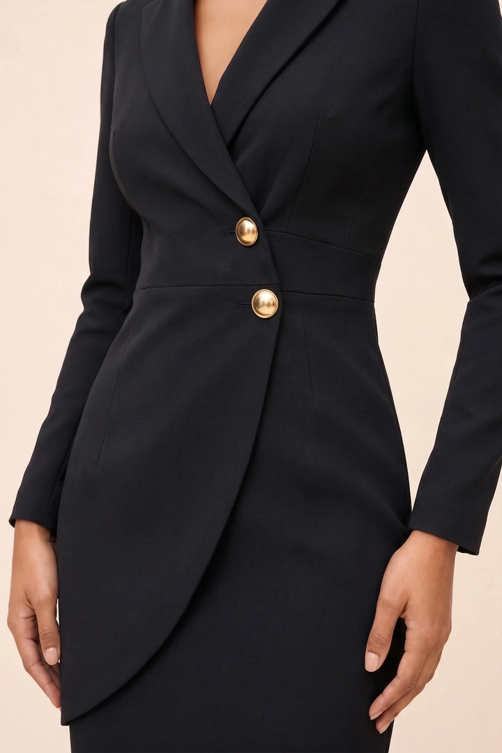 Close-up detail of black notch lapel blazer dress