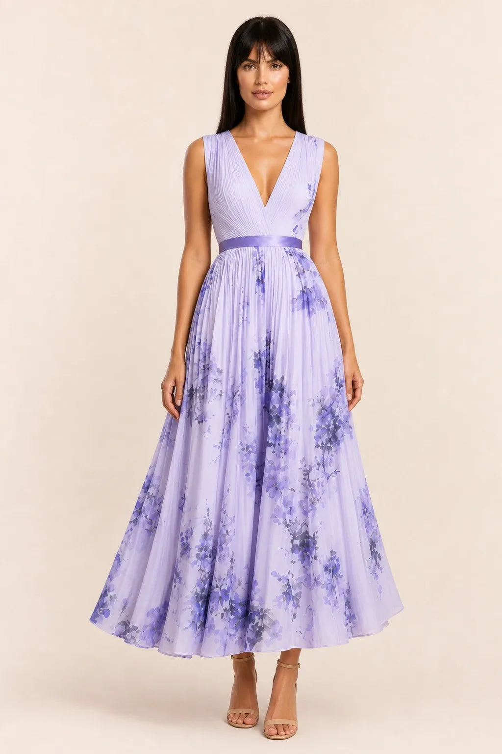 Purple pleated floral midi dress on model in contrapposto stance