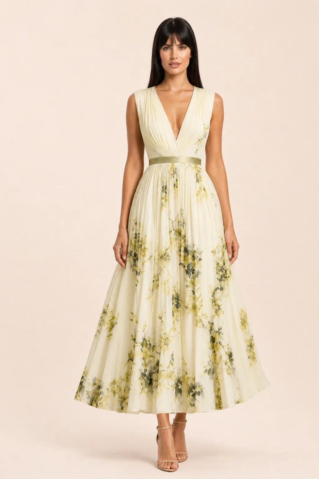 Yellow pleated floral midi dress on model in contrapposto stance