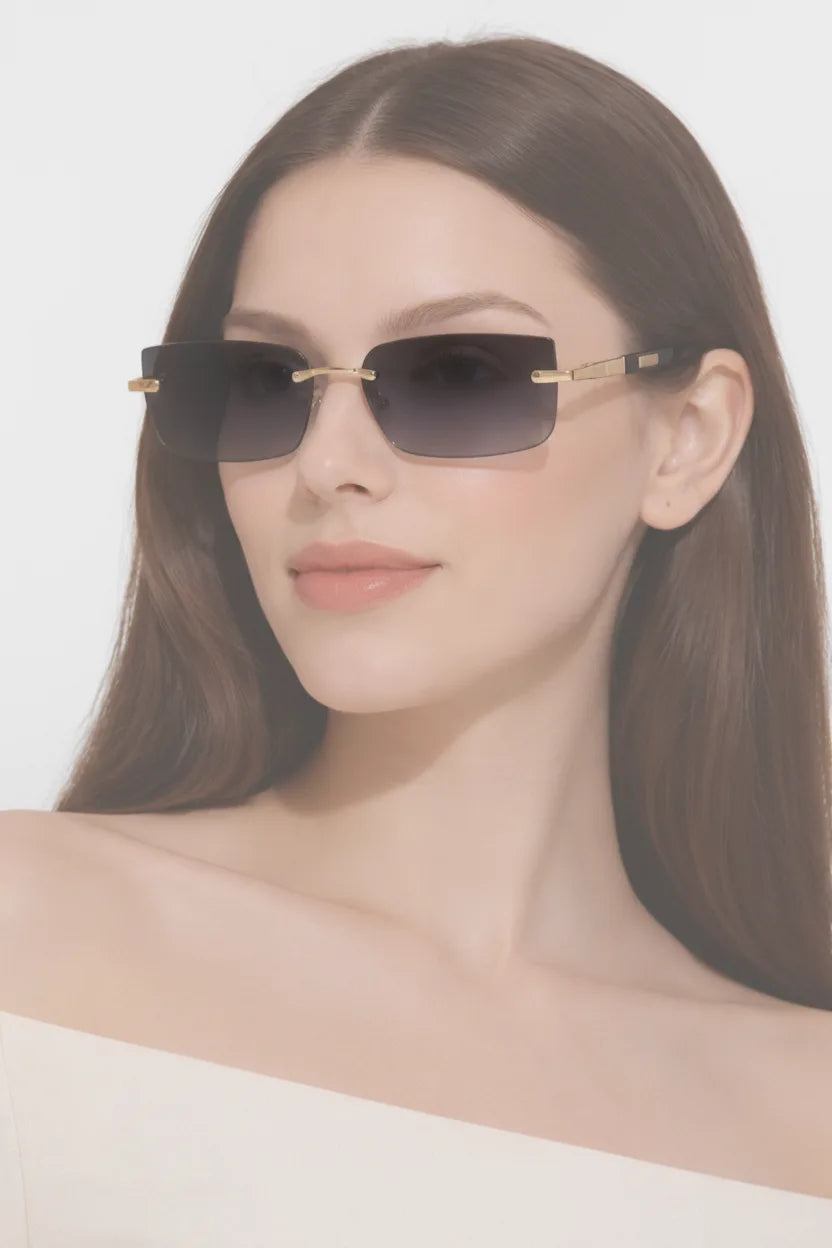 Rimless rectangle gradient sunglasses in dark grey on a plain background