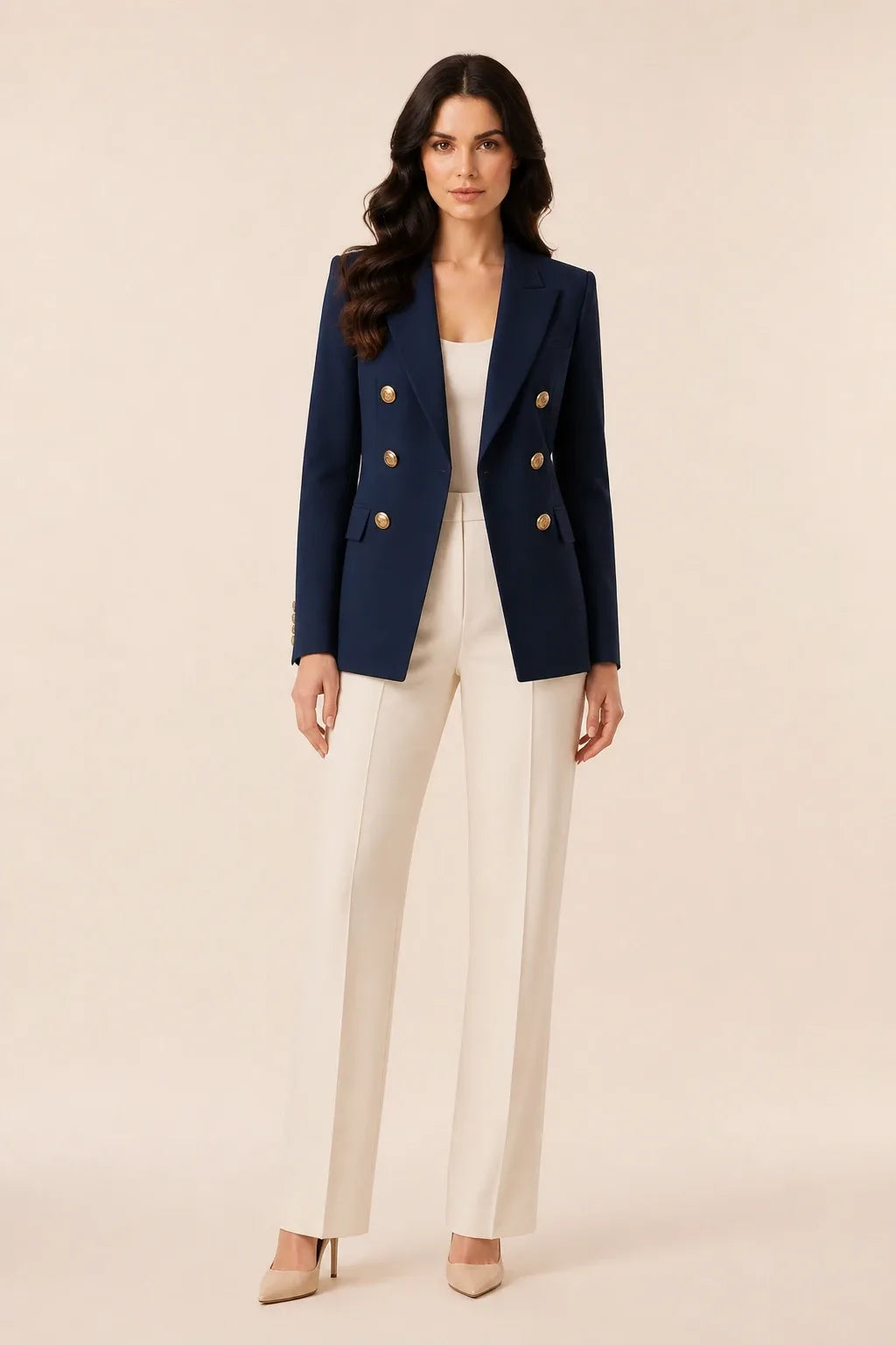 Black double-breasted blazer on model in contrapposto stance