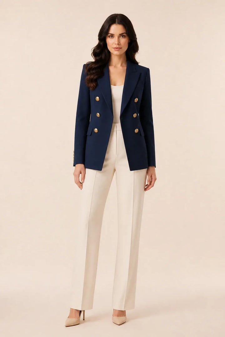 Black double-breasted blazer on model in contrapposto stance
