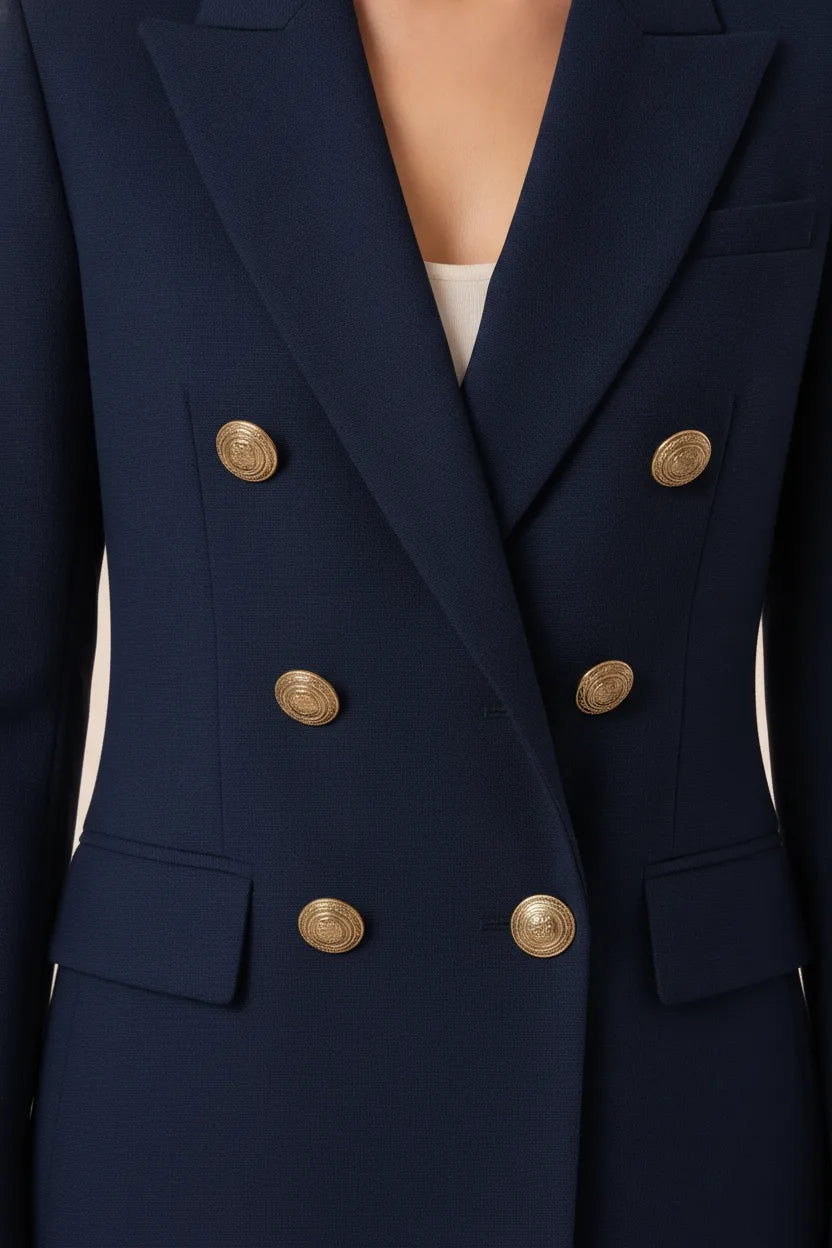Close-up detail of a black double-breasted blazer
