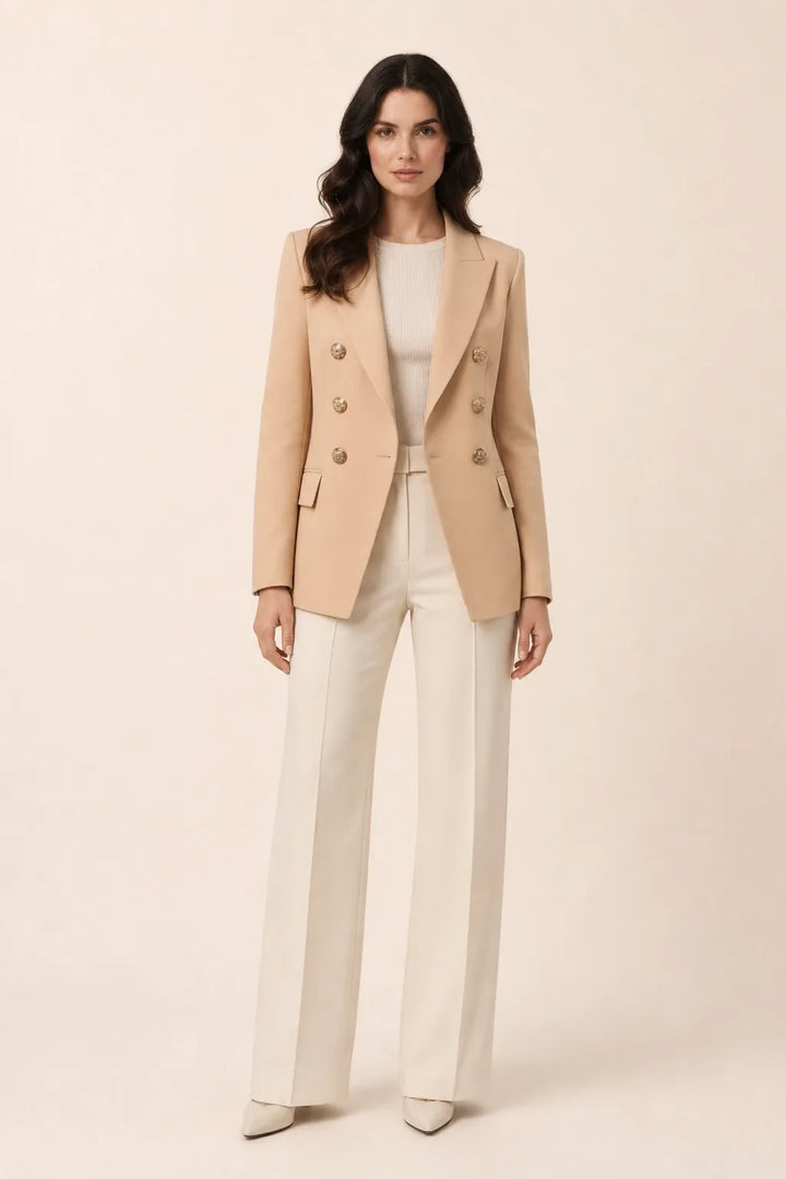 Khaki double-breasted blazer on model in contrapposto stance