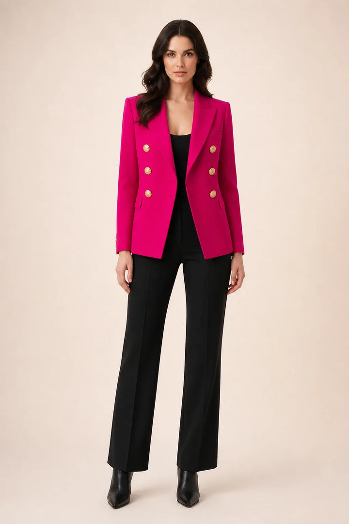 Pink double-breasted blazer on model in contrapposto stance