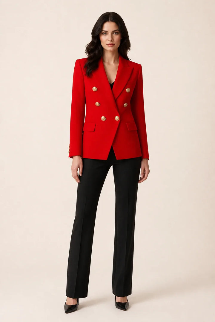 Red double-breasted blazer on model in contrapposto stance