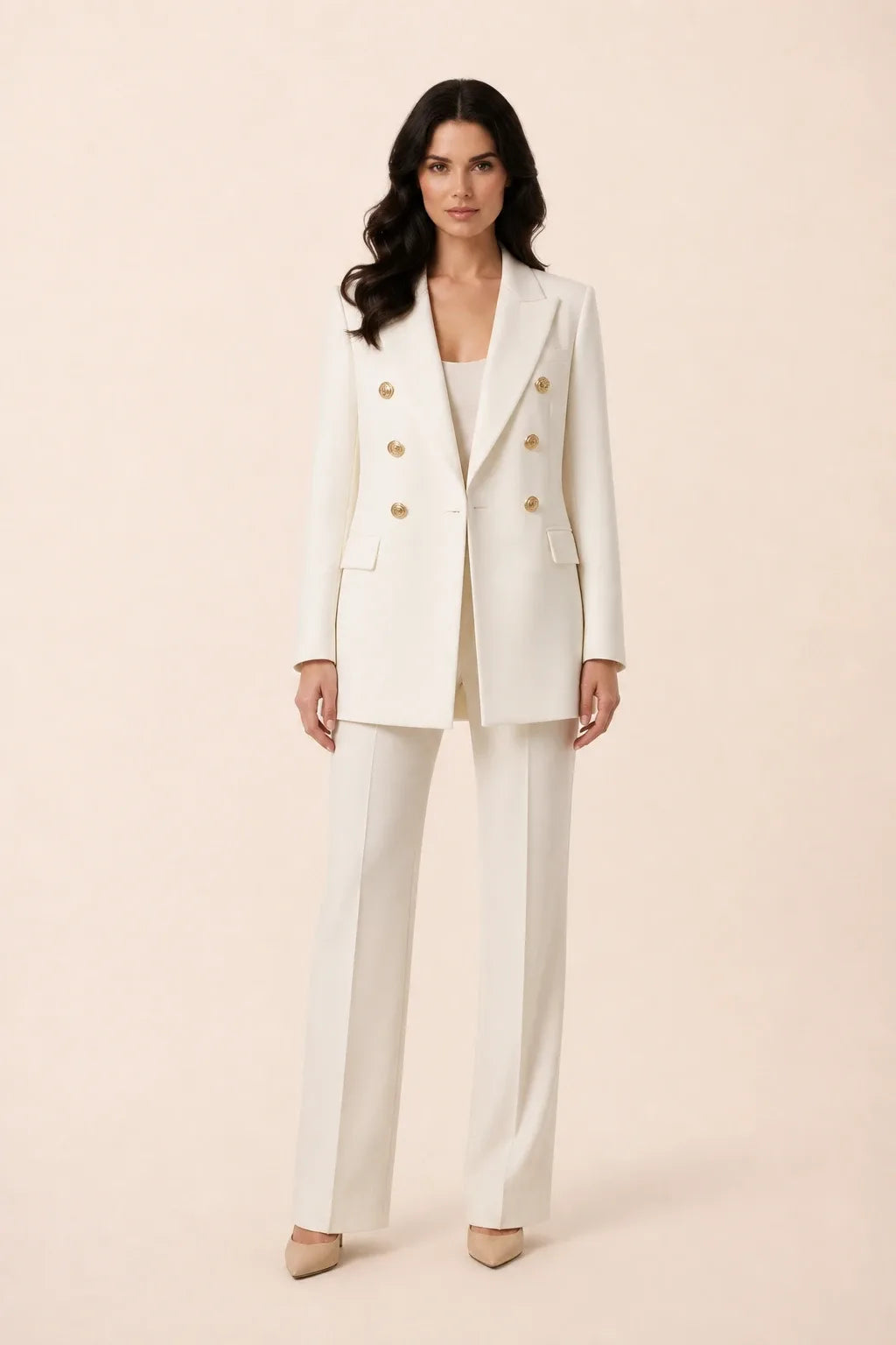 White double-breasted blazer on model in contrapposto stance