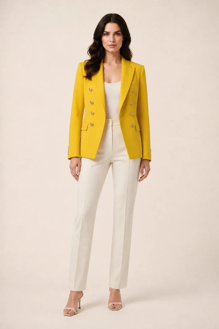 Yellow double-breasted blazer on model in contrapposto stance
