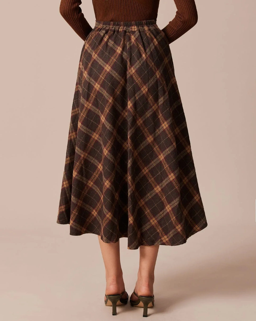Brown plaid A-line midi skirt, alternate styling view