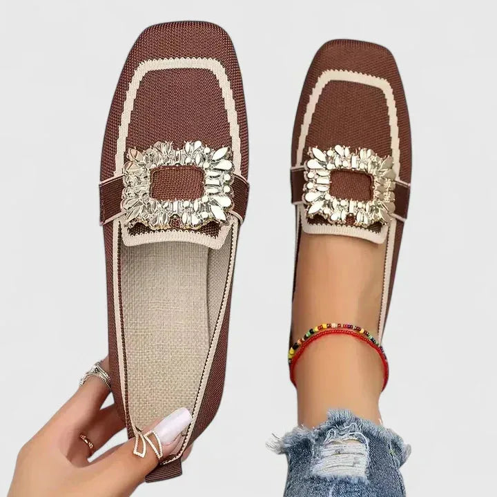 Brown loafer with crystal buckle, rear heel view