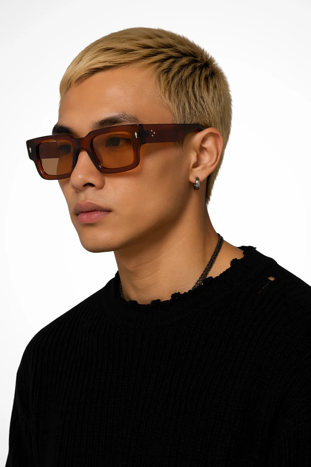 Rectangular clear acetate glasses in brown, front view
