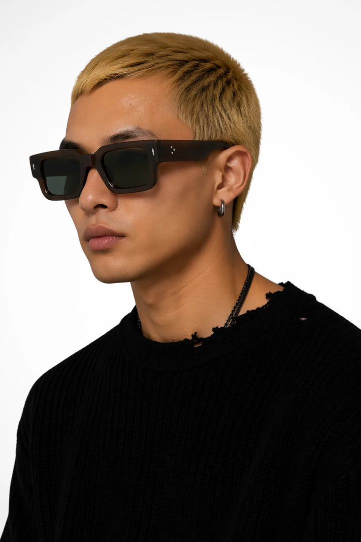 Rectangular clear acetate glasses in coffee, front view
