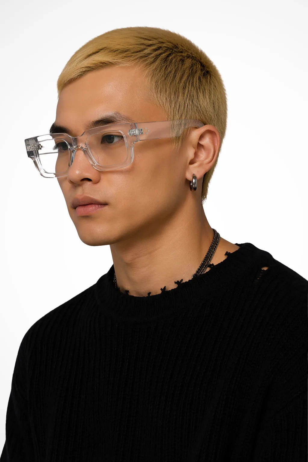 Rectangular clear acetate glasses in clear, front view