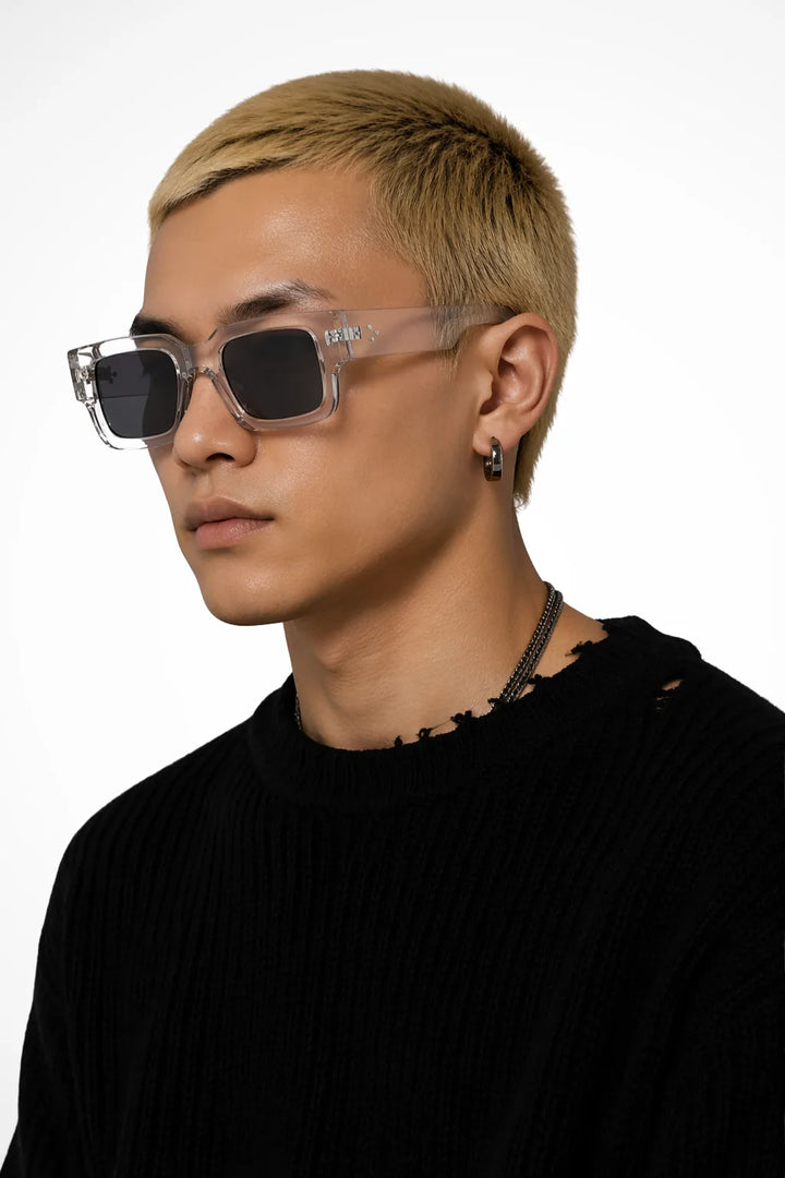 Rectangular clear acetate glasses in crystal grey, front view