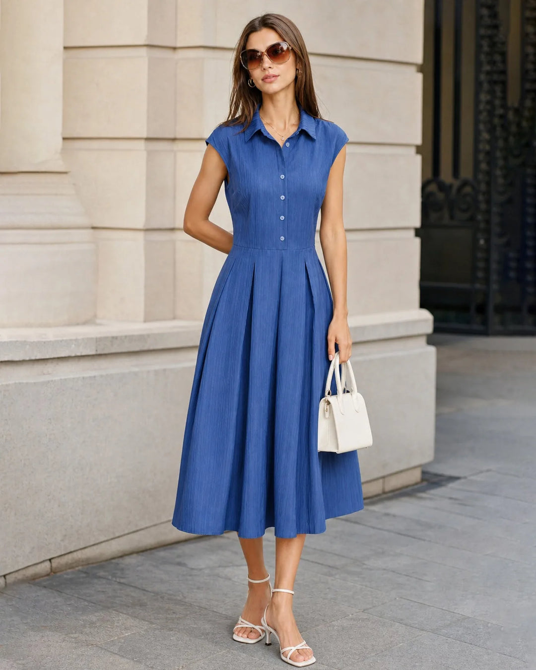 Close-up detail of the blue pleated fabric and dress construction