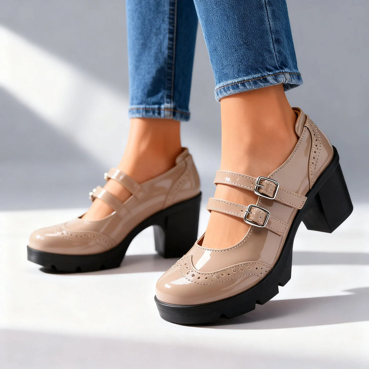 Beige double strap platform Mary Jane shoe, close-up detail view