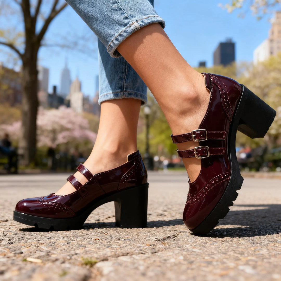 Black double strap platform Mary Jane shoe, heel view