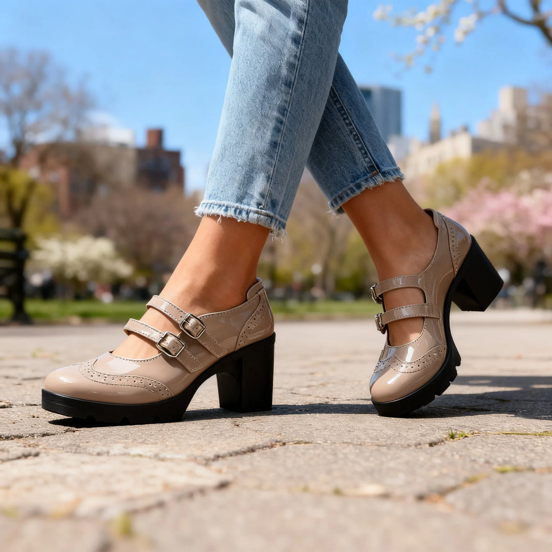Black platform Mary Jane with double straps, three-quarter angle view