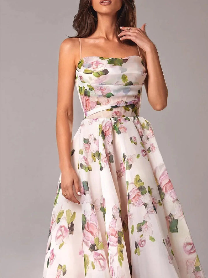 Close-up of a pink floral corset midi dress bodice detailing