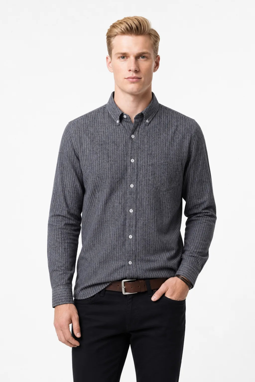 Grey pinstripe button-down shirt on model in contrapposto stance