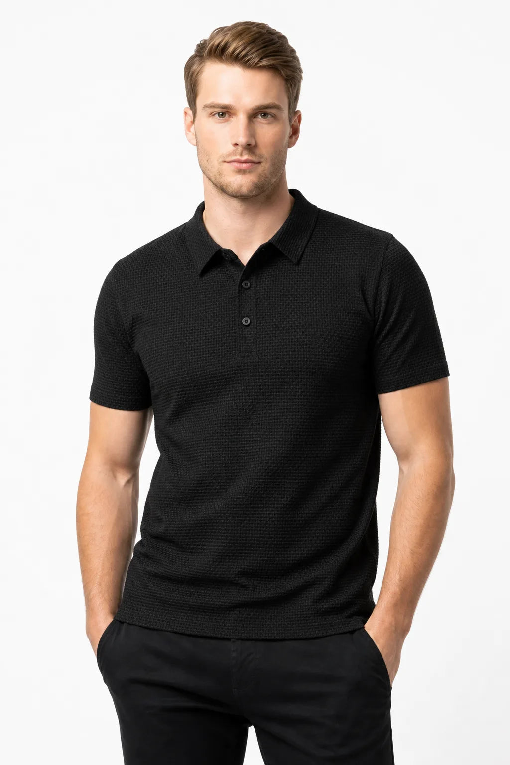 Black textured knit polo shirt on a model in a contrapposto stance