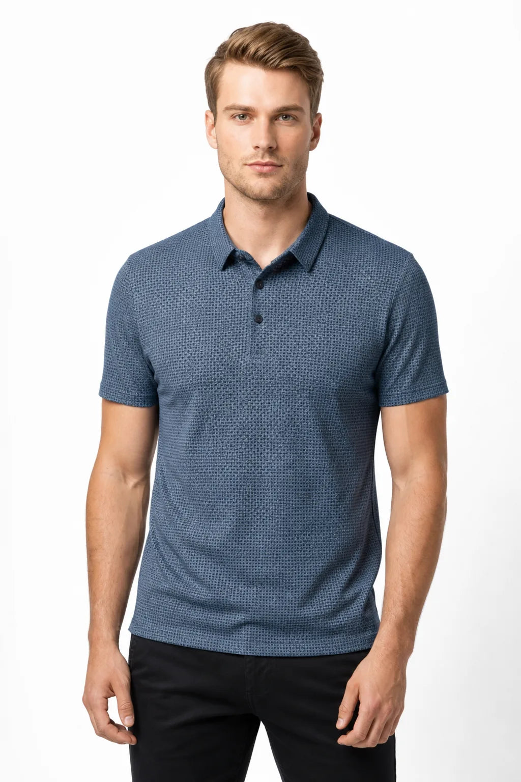 Blue textured knit polo shirt on a model in a contrapposto stance