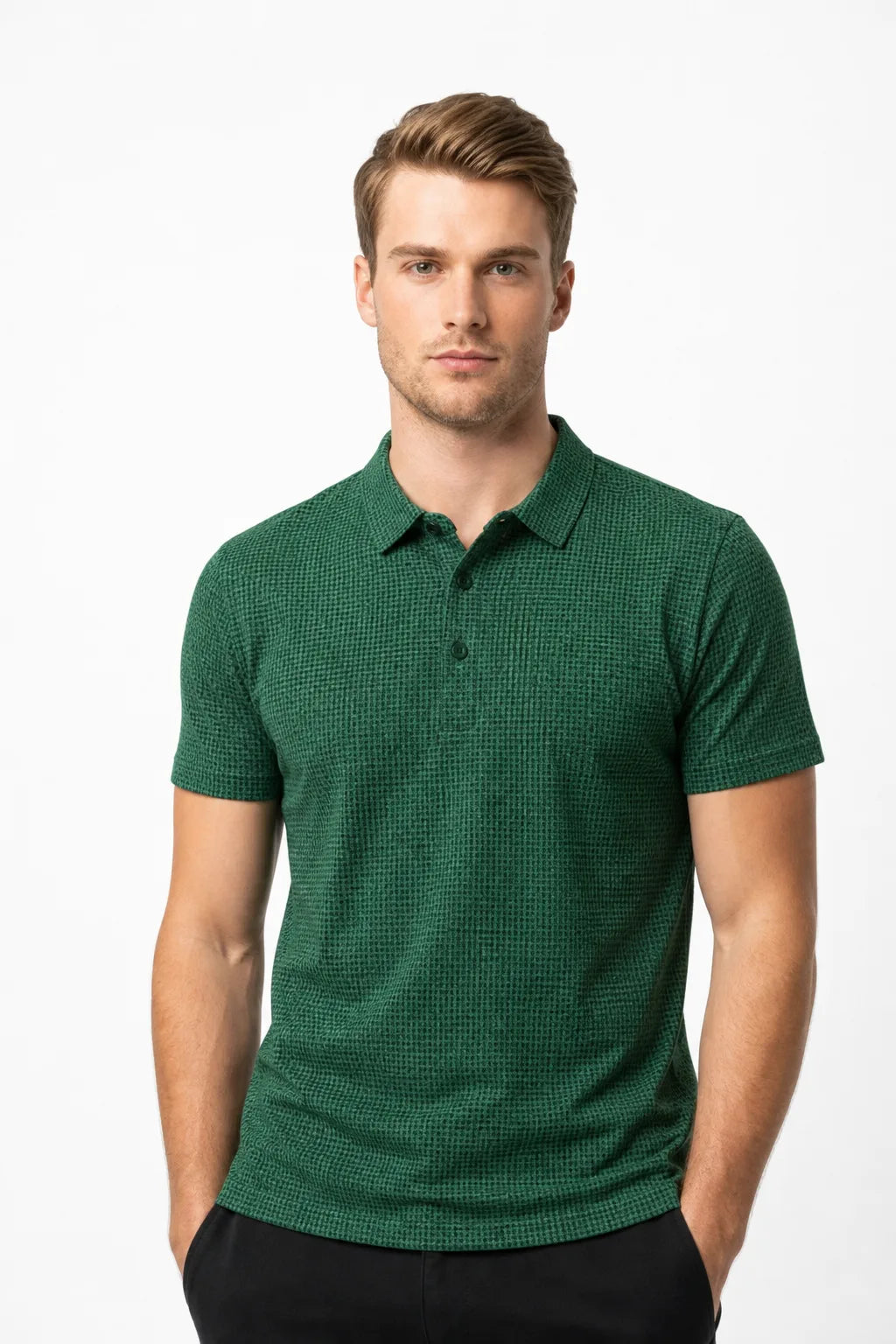 Green textured knit polo shirt on a model in a contrapposto stance