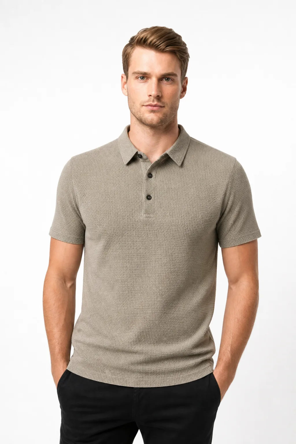 Khaki textured knit polo shirt on a model in a contrapposto stance