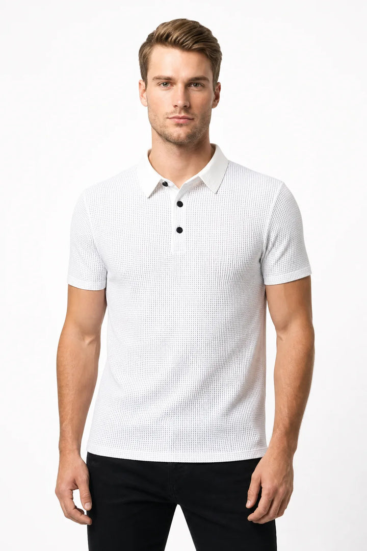 White textured knit polo shirt on a model in a contrapposto stance