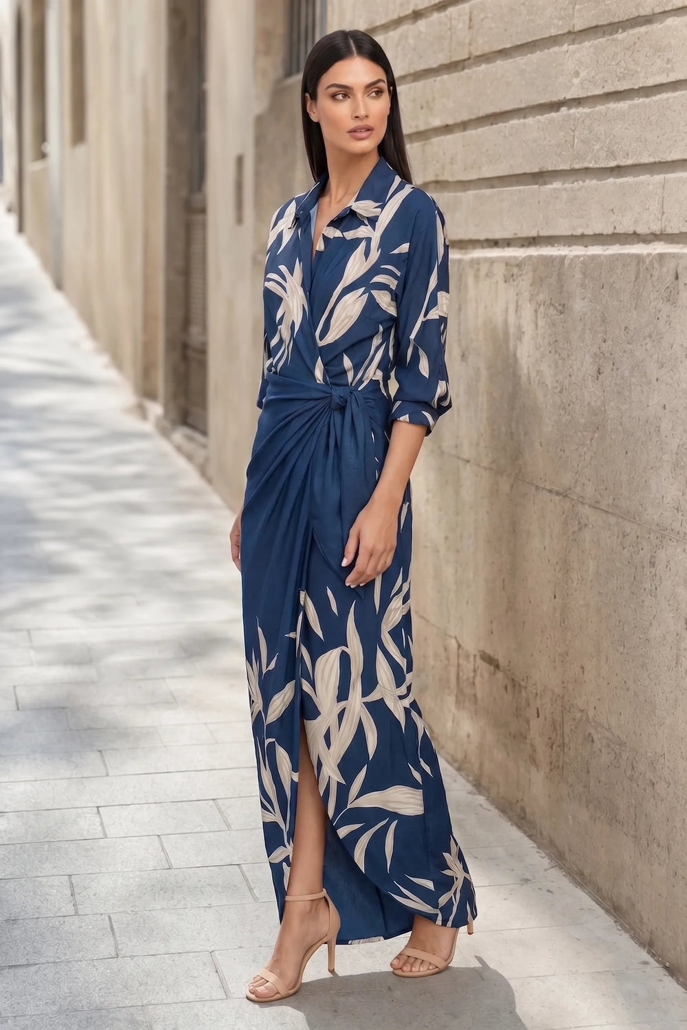 Blue wrap knot maxi dress on model in three-quarter turn