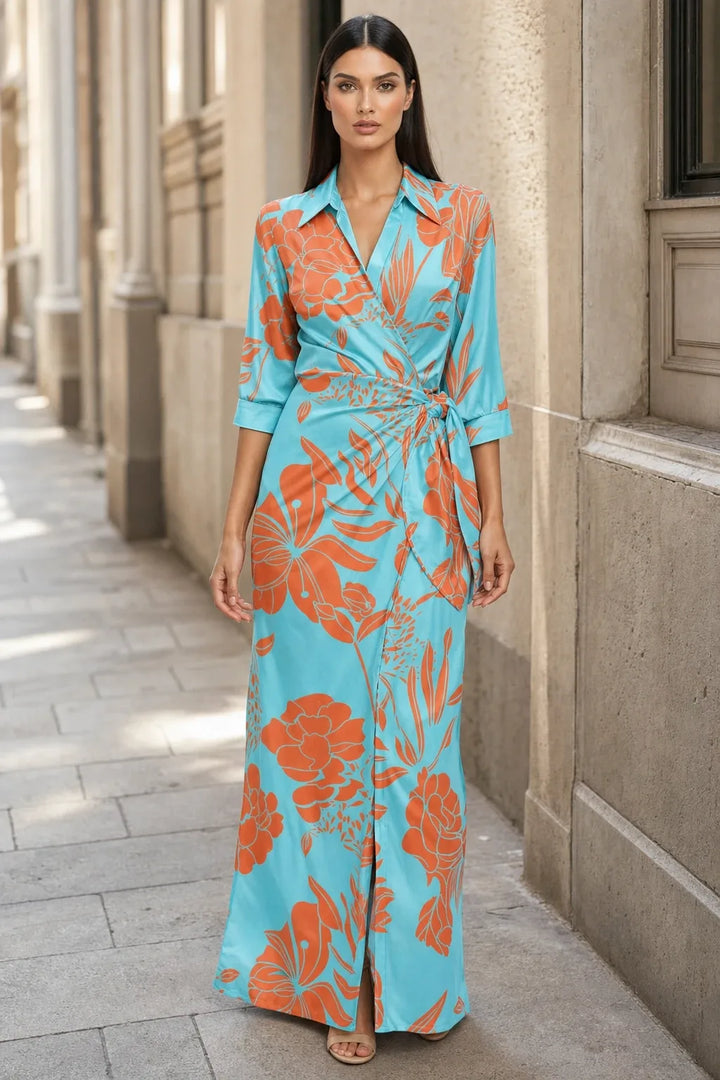 Light blue wrap knot maxi dress on model in contrapposto stance