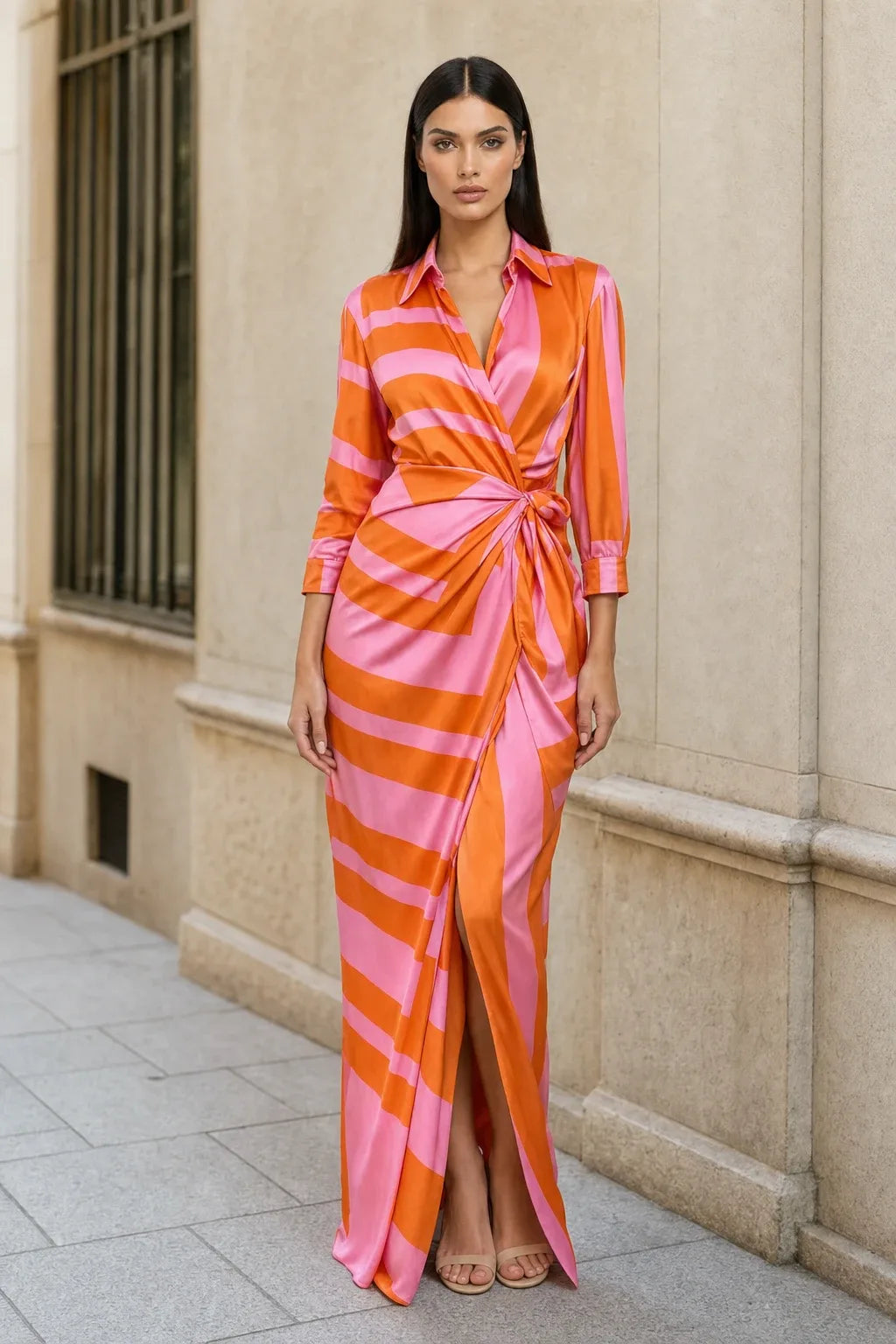 Orange-pink wrap knot maxi dress on model in contrapposto stance