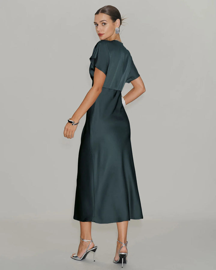 Grey flutter sleeve midi dress on model, full-length alternate view