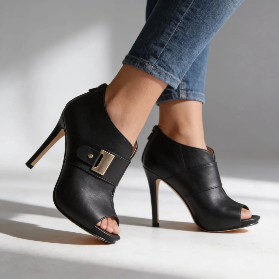 Black peep toe stiletto bootie, close-up detail view