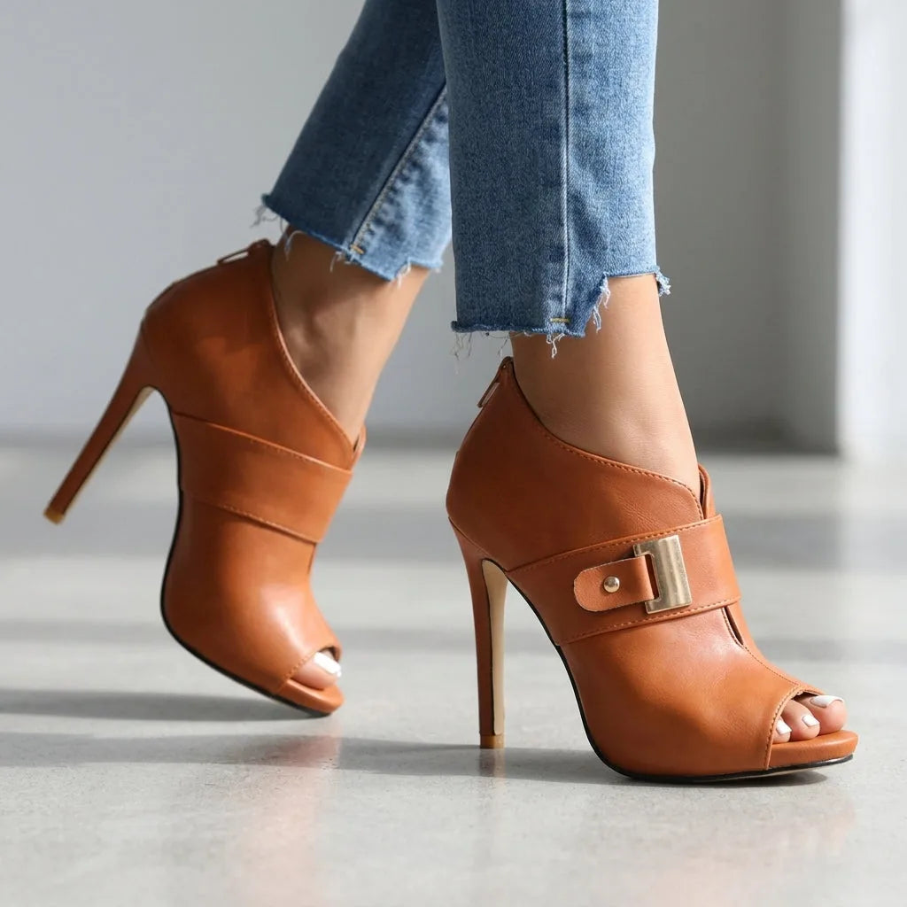 Brown peep toe stiletto bootie, angled view