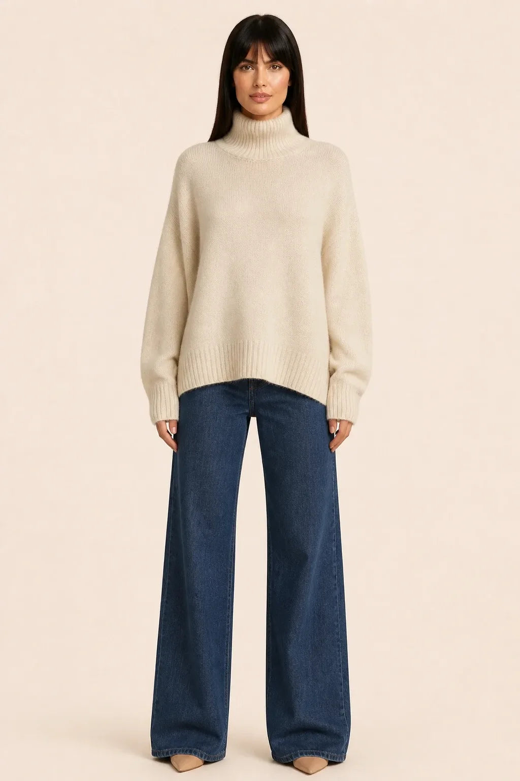 Beige turtleneck knit pullover on a model in a contrapposto stance