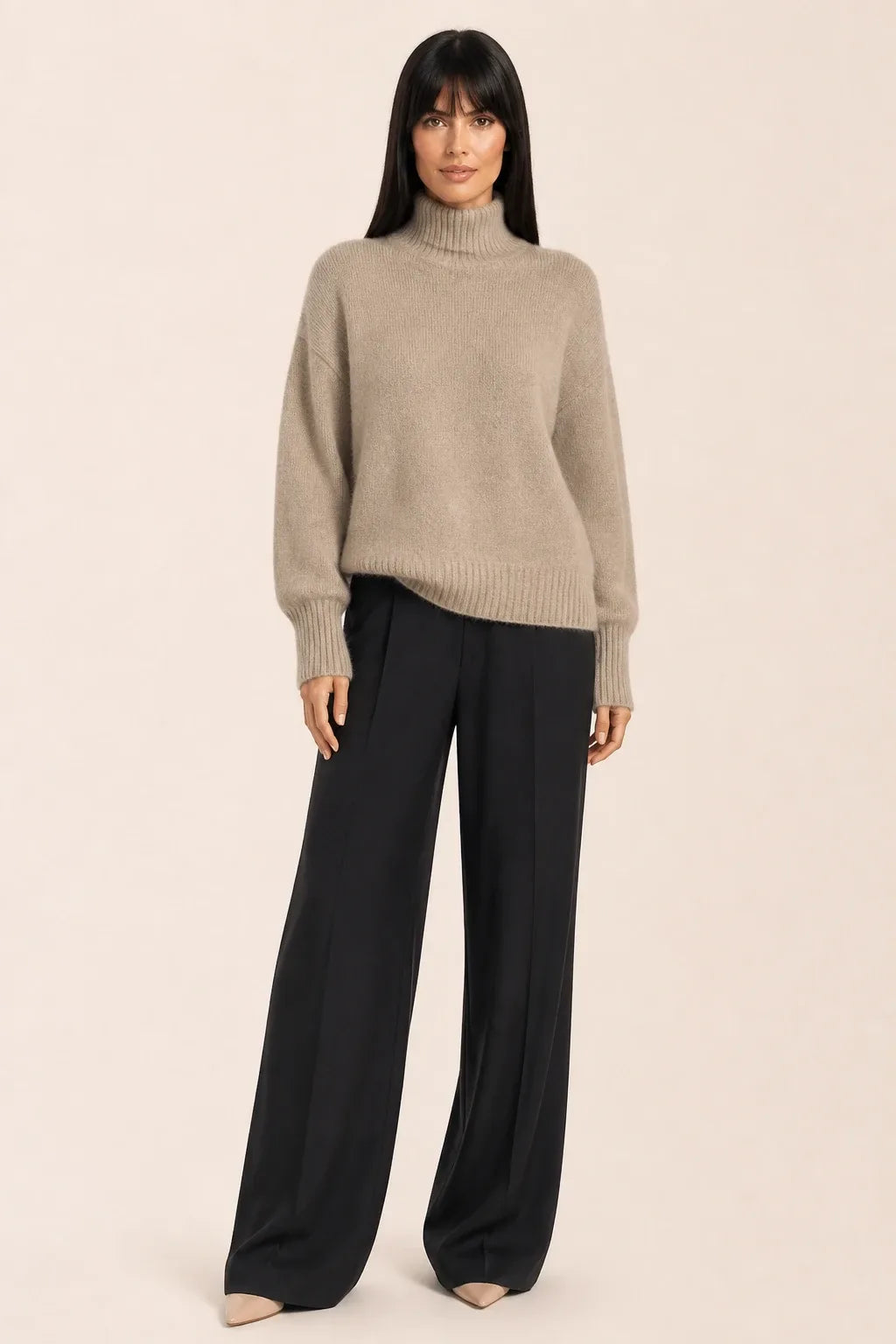 Khaki turtleneck knit pullover on a model in a contrapposto stance